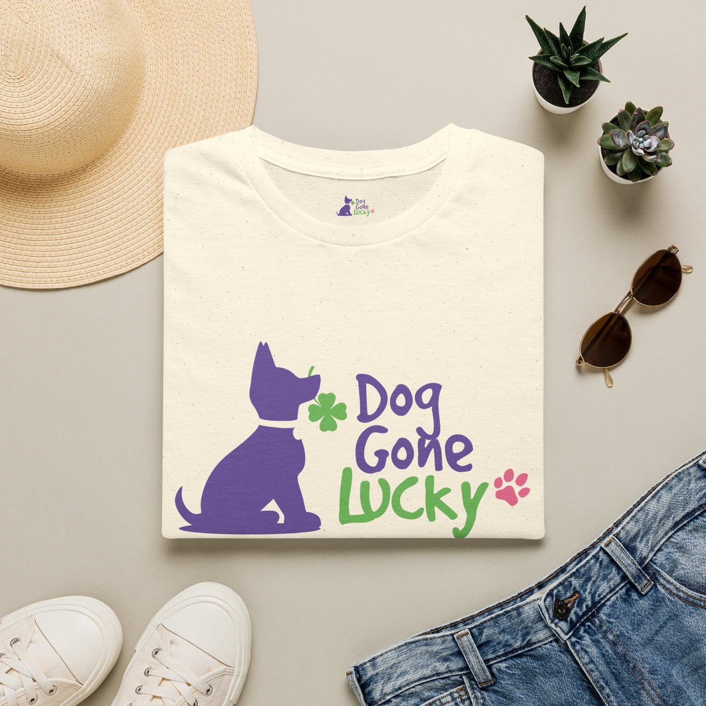 Doggone Lucky Adult Tee - Lucky Pup on Front and Paw Prints on Sleeves