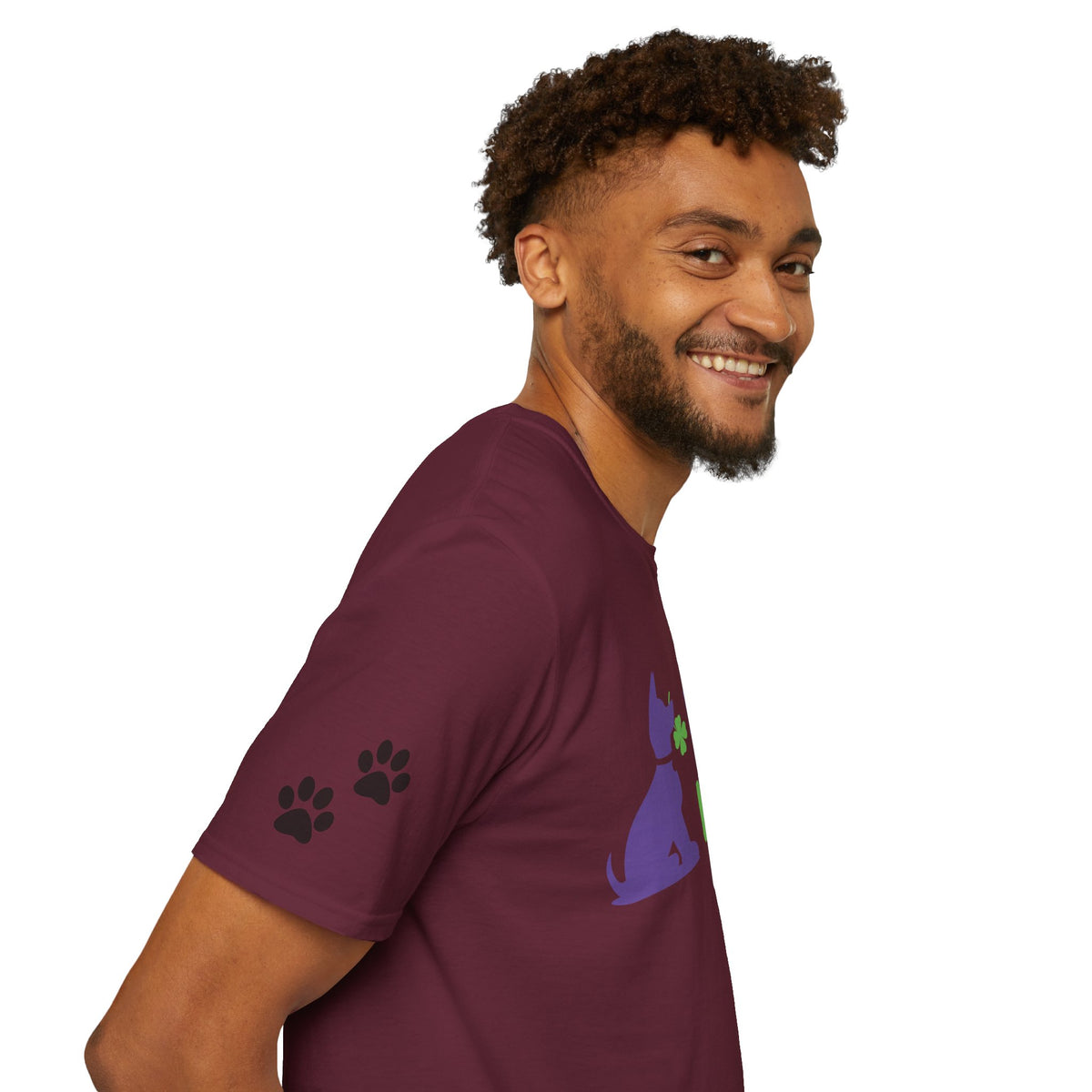 Doggone Lucky Adult Tee - Printed Lucky Pup on Front - Paw Prints on Sleeves