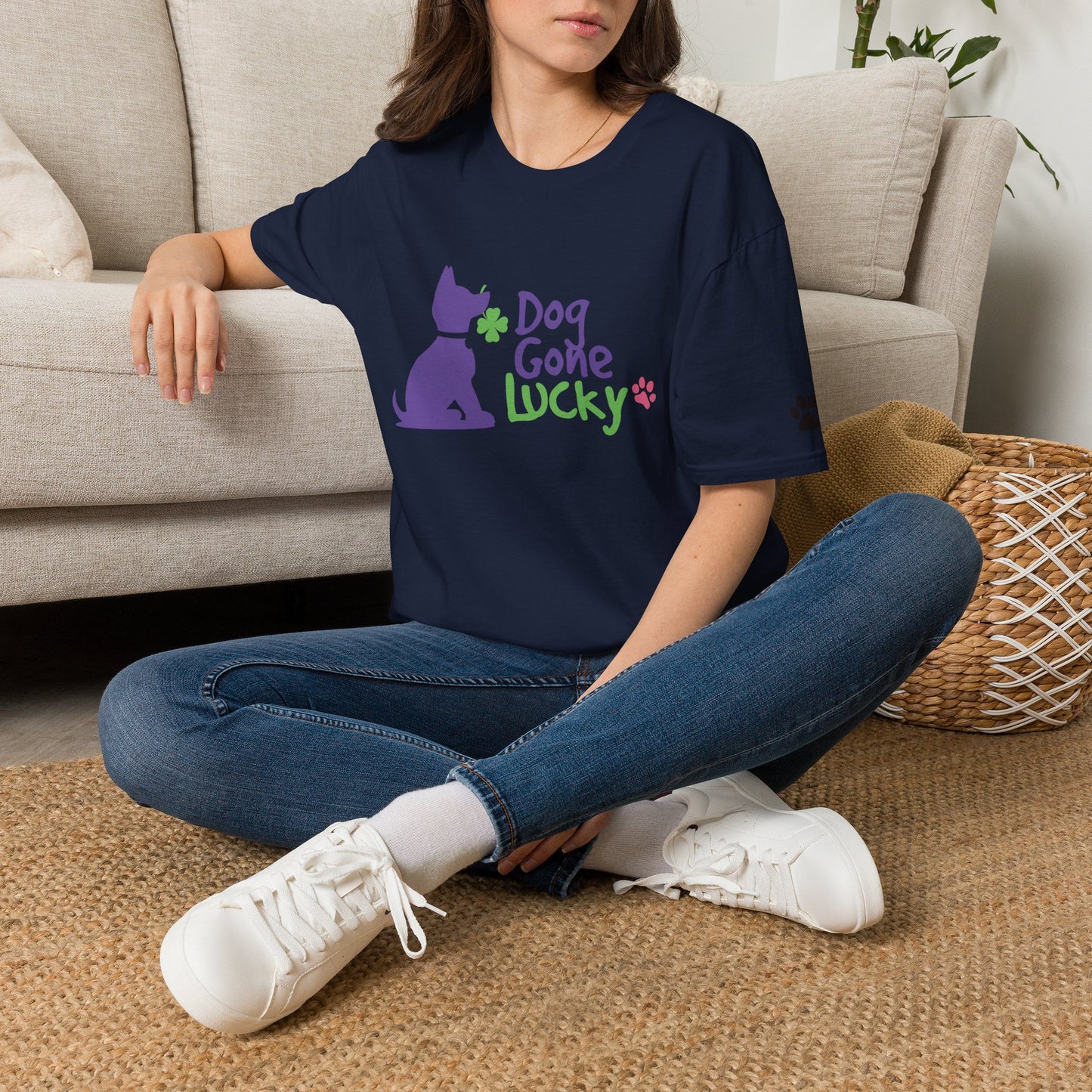 Doggone Lucky Adult Tee - Lucky Pup on Front and Paw Prints on Sleeves