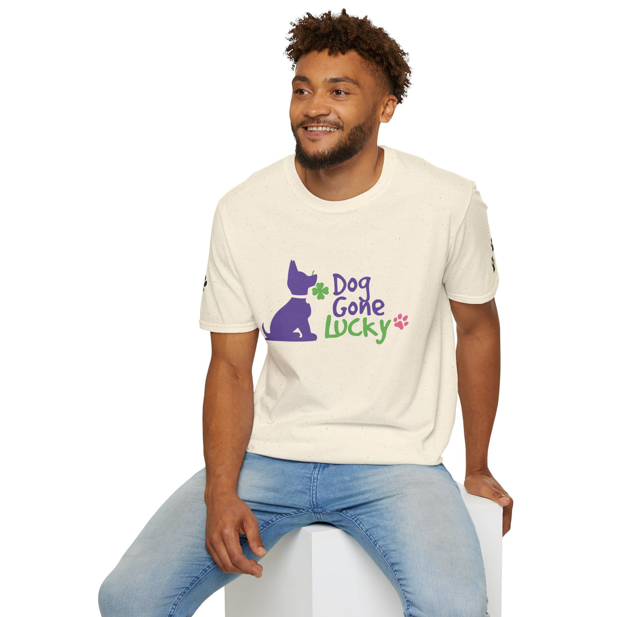 Doggone Lucky Adult Tee - Printed Lucky Pup on Front - Paw Prints on Sleeves