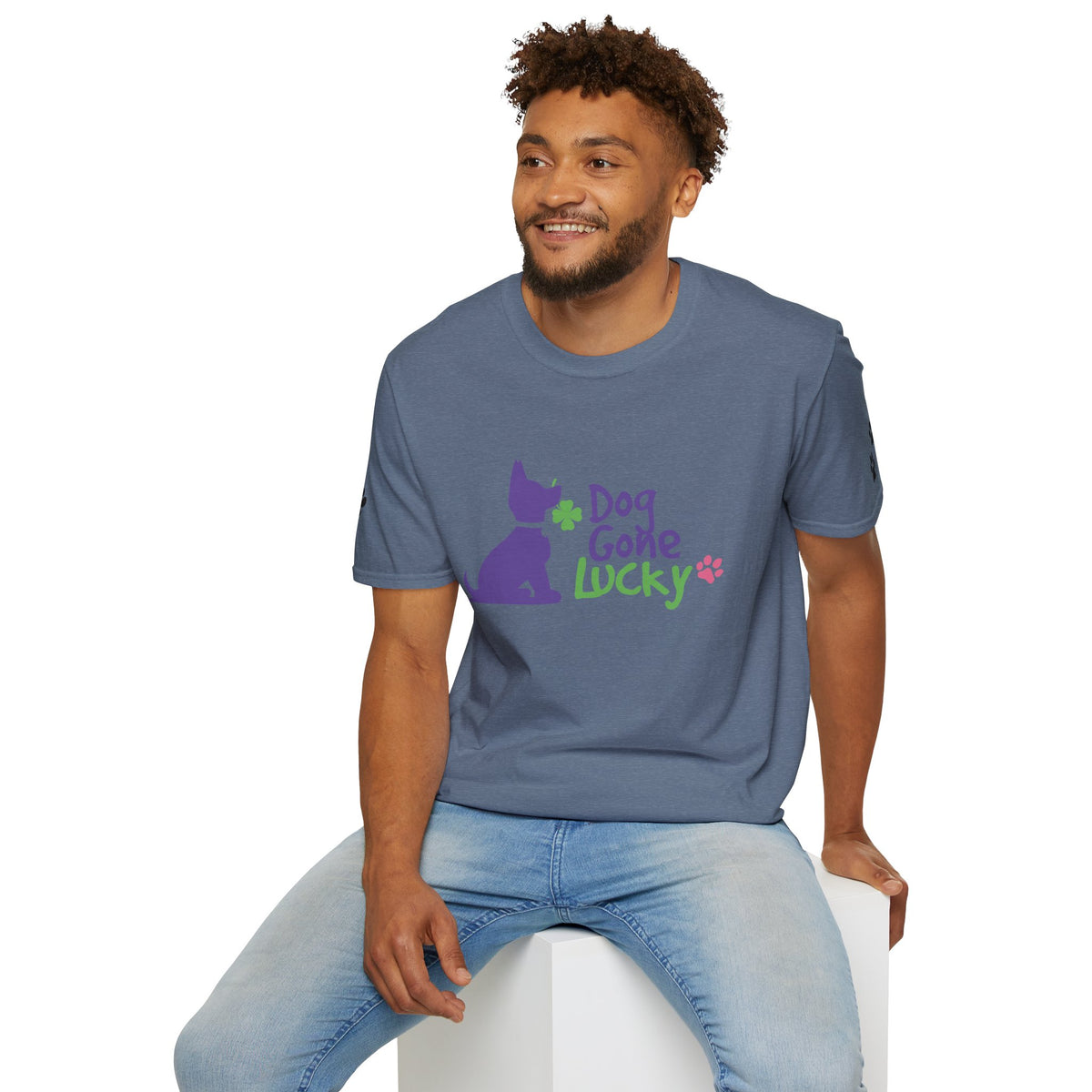 Doggone Lucky Adult Tee - Printed Lucky Pup on Front - Paw Prints on Sleeves