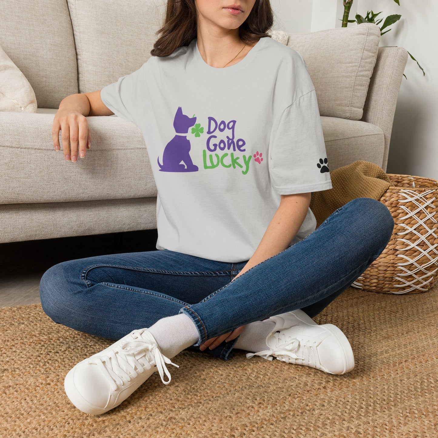 Doggone Lucky Adult Tee - Lucky Pup on Front and Paw Prints on Sleeves