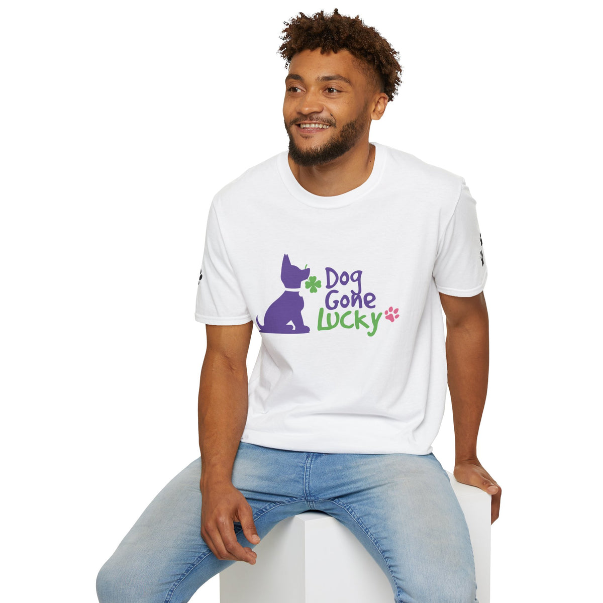 Doggone Lucky Adult Tee - Printed Lucky Pup on Front - Paw Prints on Sleeves
