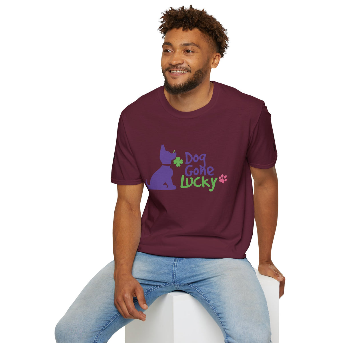 Doggone Lucky Adult Tee - Printed Lucky Pup on Front - Paw Prints on Sleeves