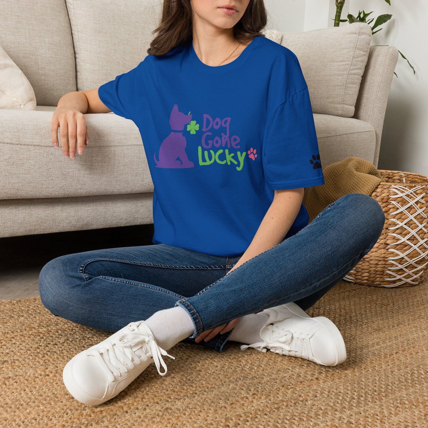 Doggone Lucky Adult Tee - Lucky Pup on Front and Paw Prints on Sleeves