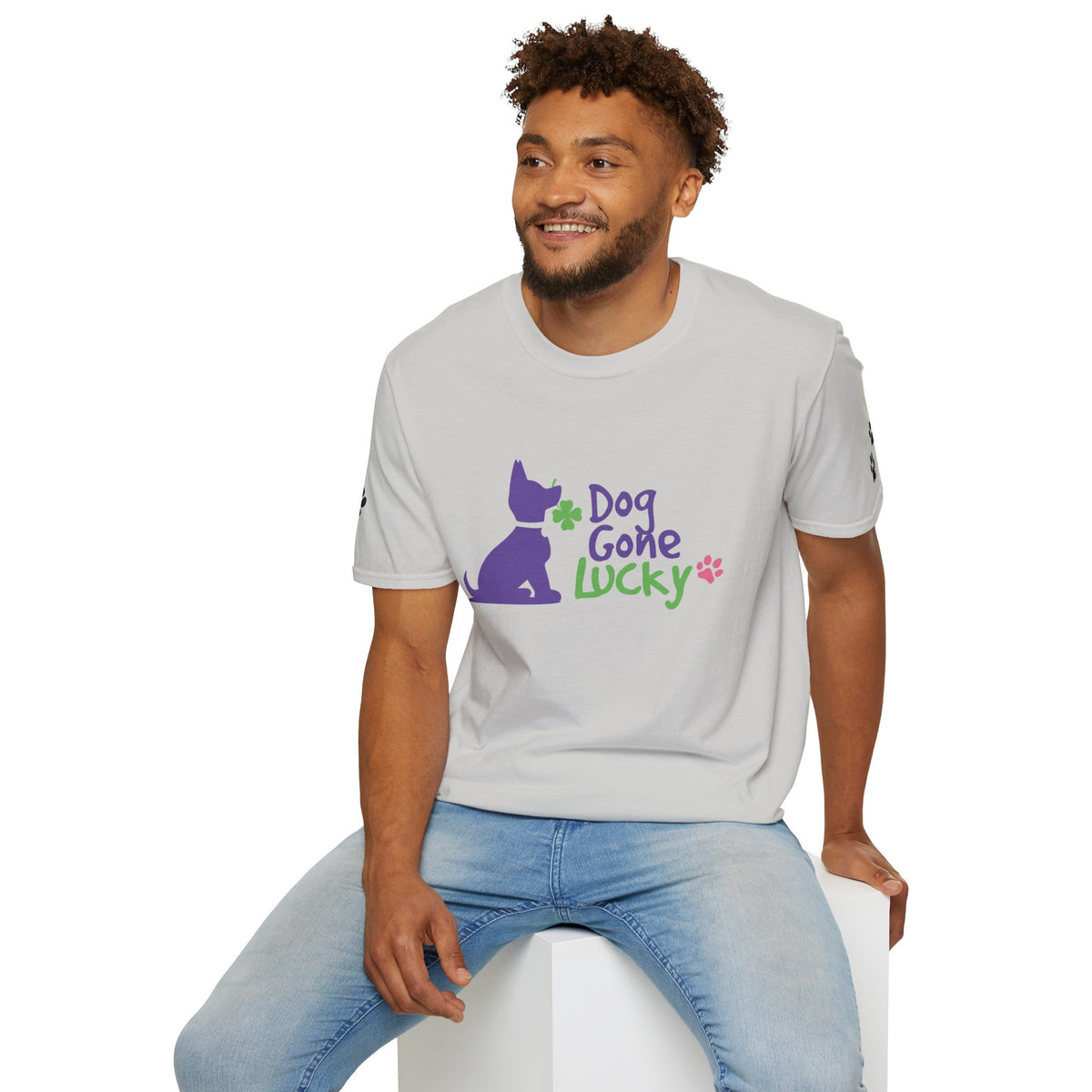 Doggone Lucky Adult Tee - Printed Lucky Pup on Front - Paw Prints on Sleeves
