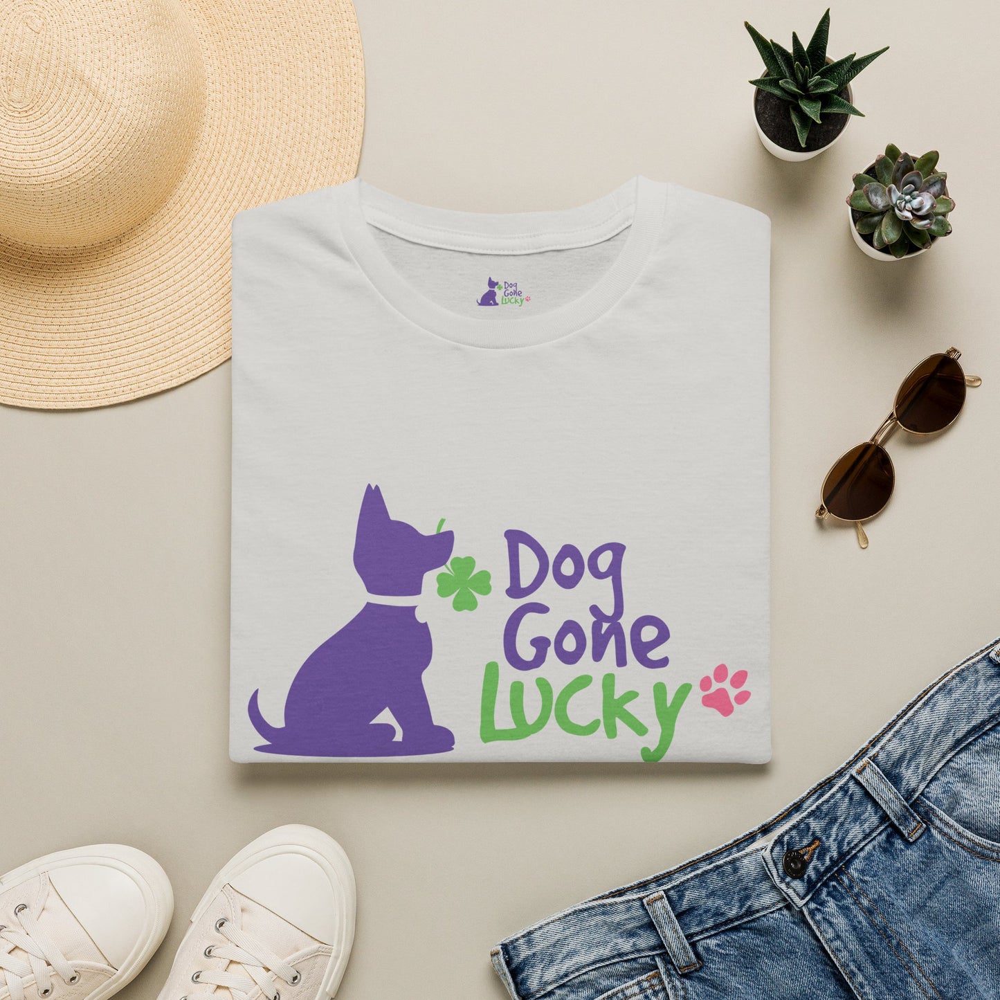 Doggone Lucky Adult Tee - Lucky Pup on Front and Paw Prints on Sleeves