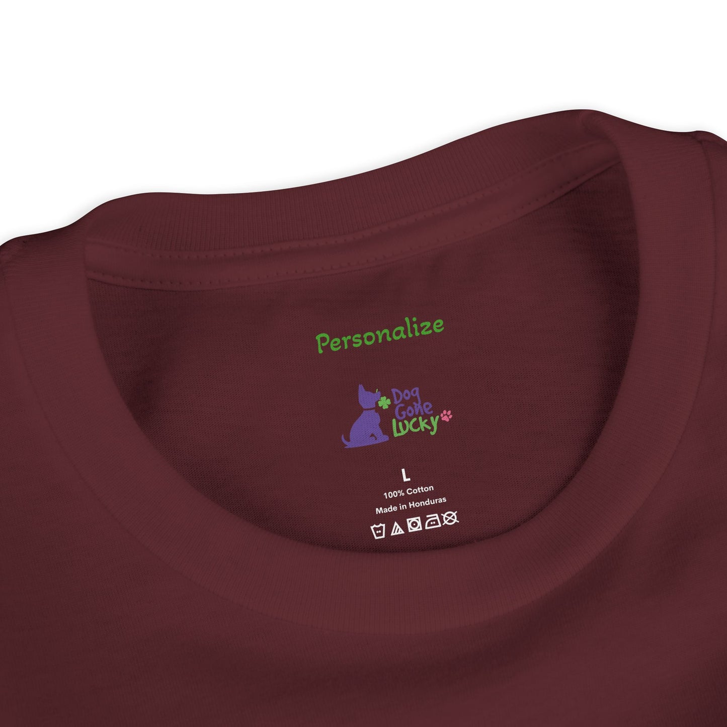Doggone Lucky Personalized Neck Label Youth Tee - Cute Lucky Pup on Front and Back