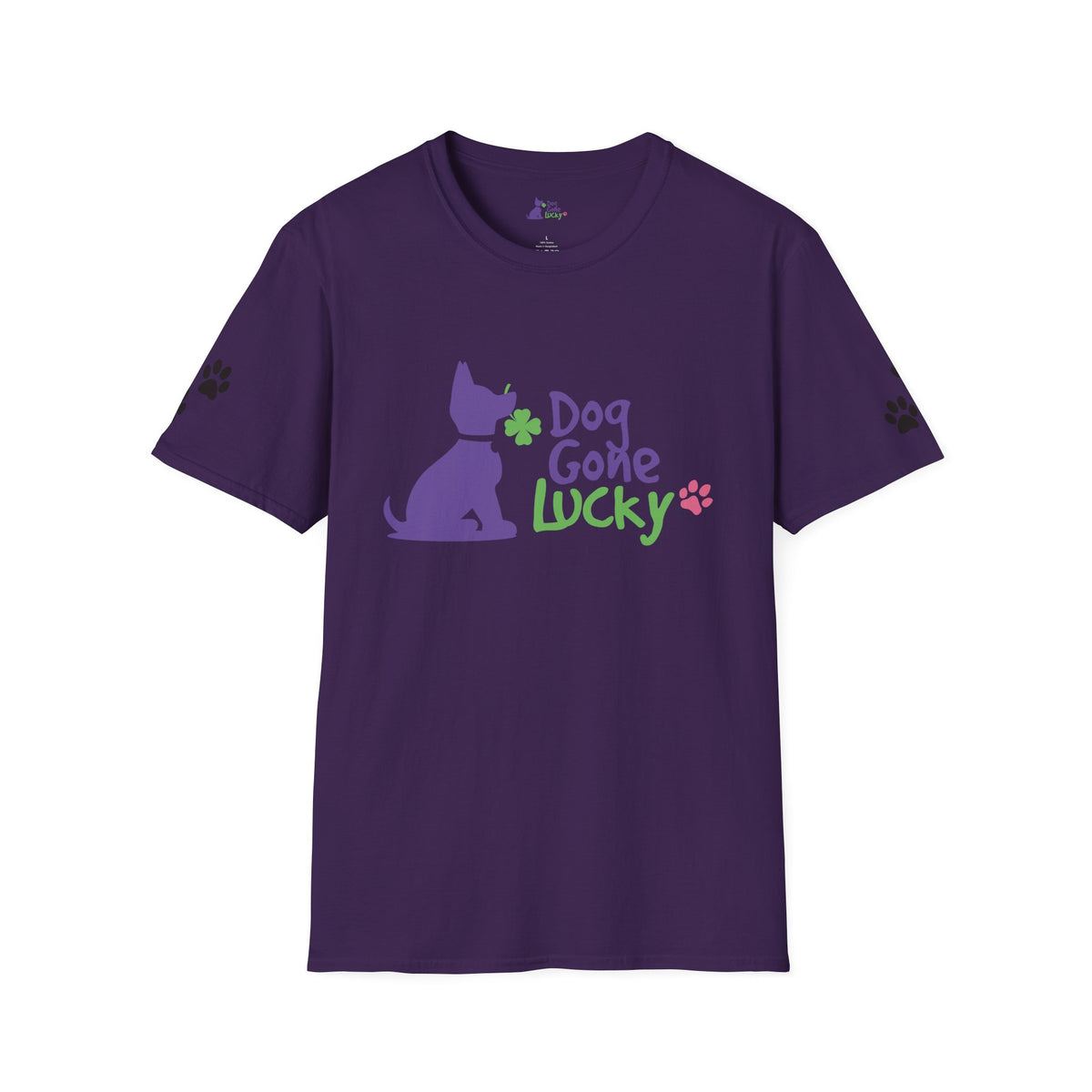 Doggone Lucky Adult Tee - Printed Lucky Pup on Front - Paw Prints on Sleeves
