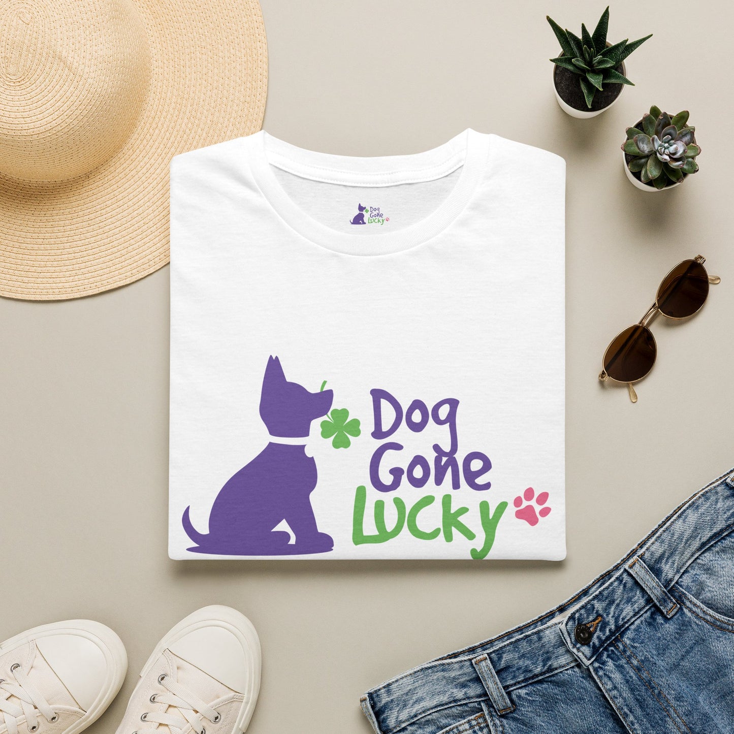 Doggone Lucky Adult Tee - Lucky Pup on Front and Paw Prints on Sleeves