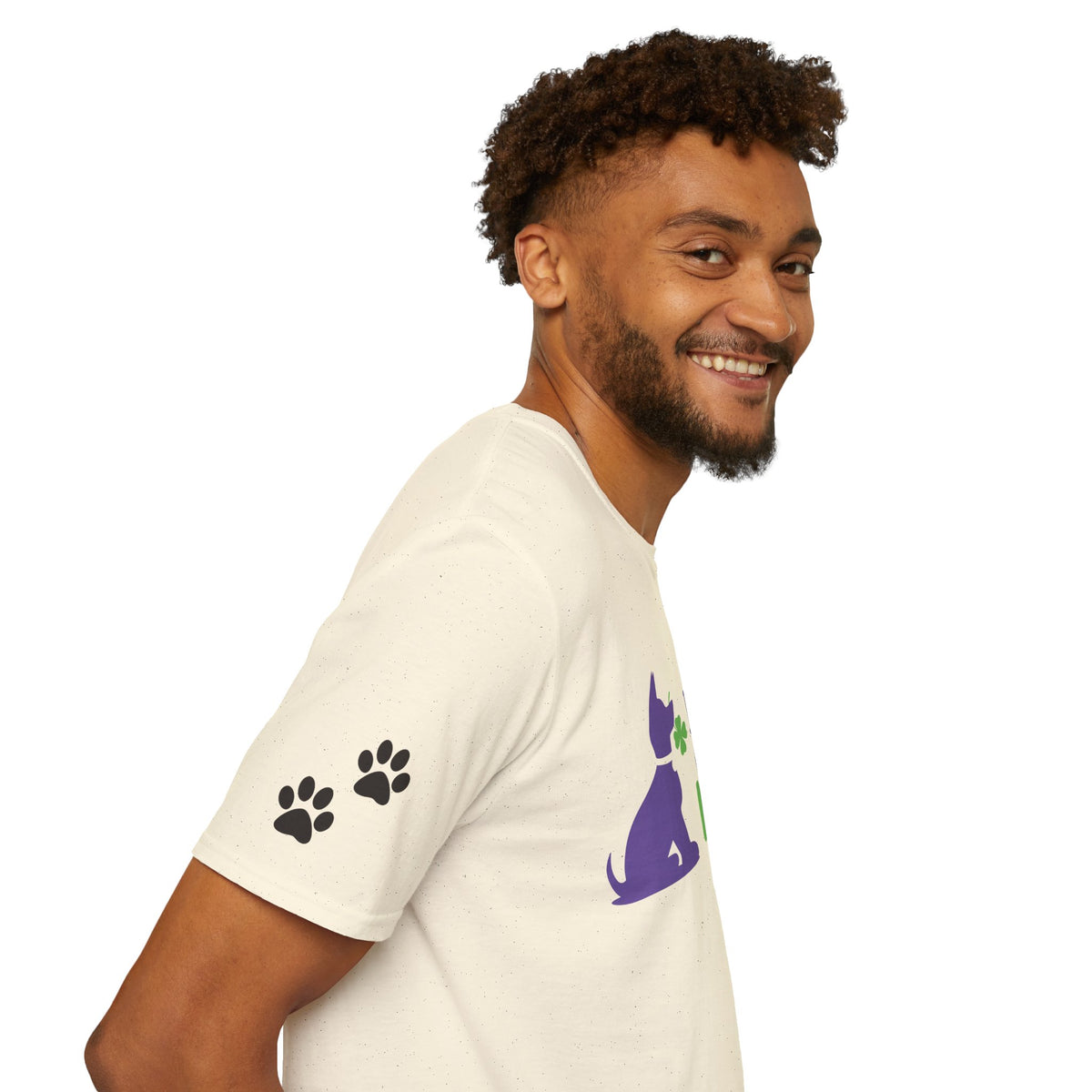 Doggone Lucky Adult Tee - Printed Lucky Pup on Front - Paw Prints on Sleeves