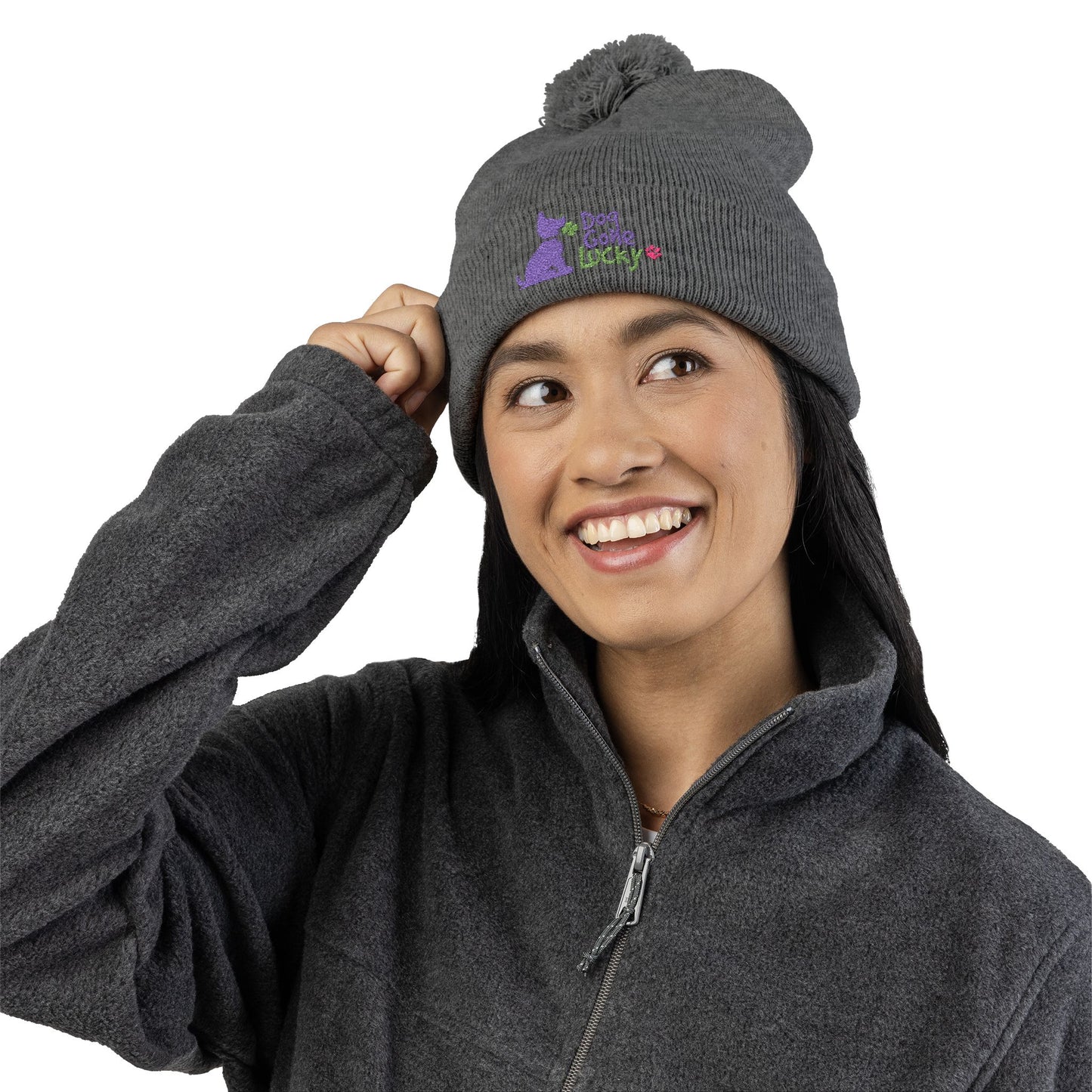 Doggone Lucky Embroidered Pom-Pom Knit Cap — 'Lucky' Dog Love Beanie
