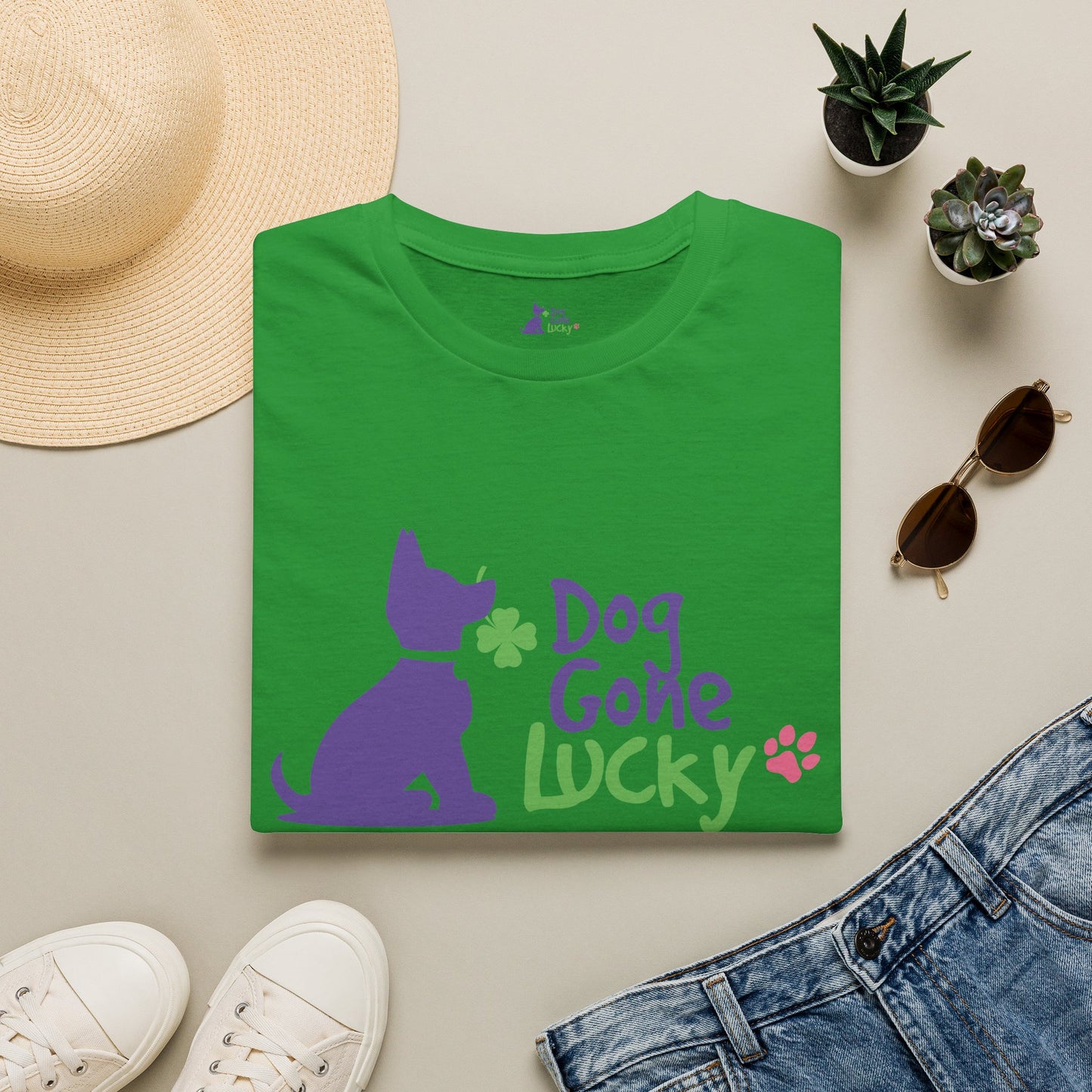 Doggone Lucky Adult Tee - Lucky Pup on Front and Paw Prints on Sleeves