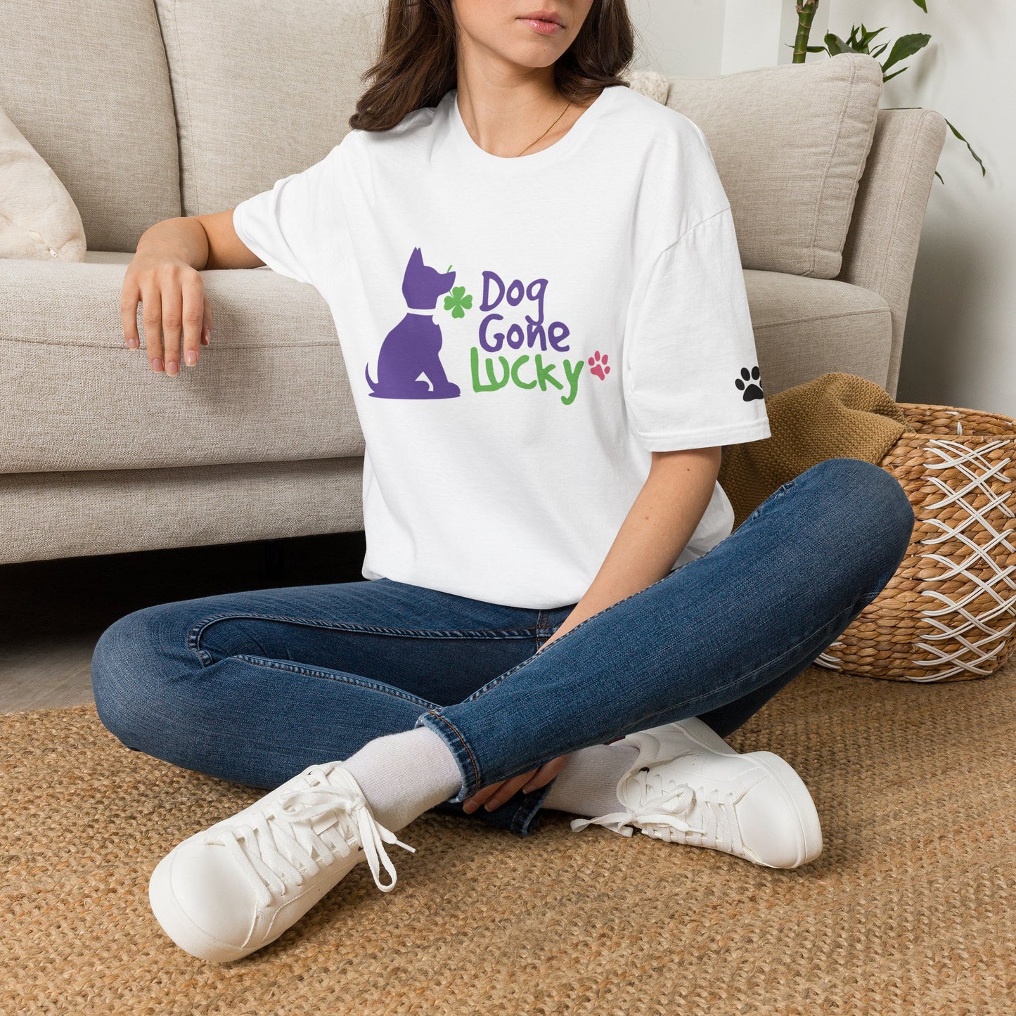 Doggone Lucky Adult Tee - Lucky Pup on Front and Paw Prints on Sleeves