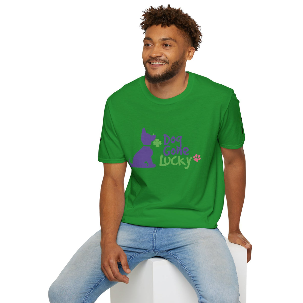 Doggone Lucky Adult Tee - Printed Lucky Pup on Front - Paw Prints on Sleeves