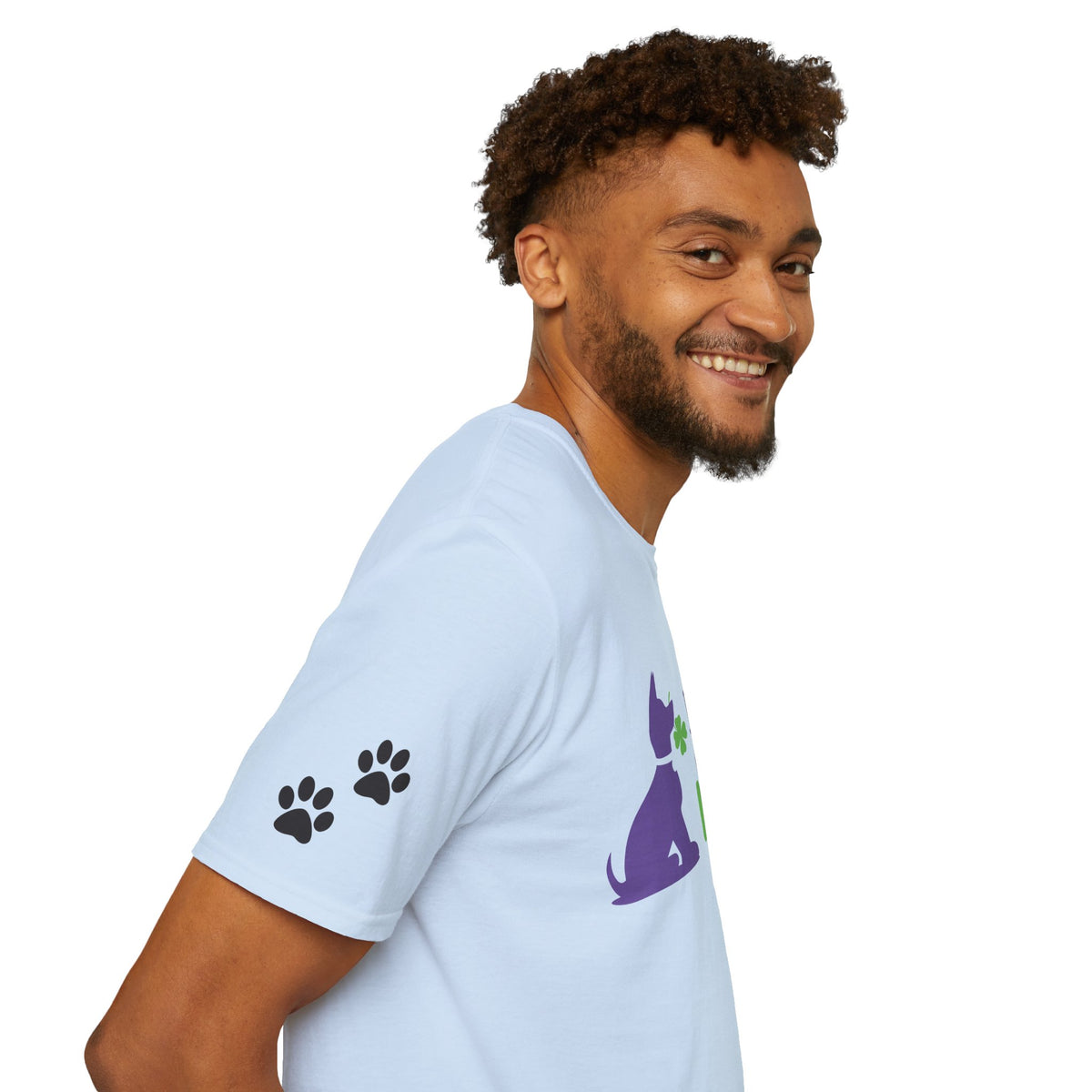 Doggone Lucky Adult Tee - Printed Lucky Pup on Front - Paw Prints on Sleeves