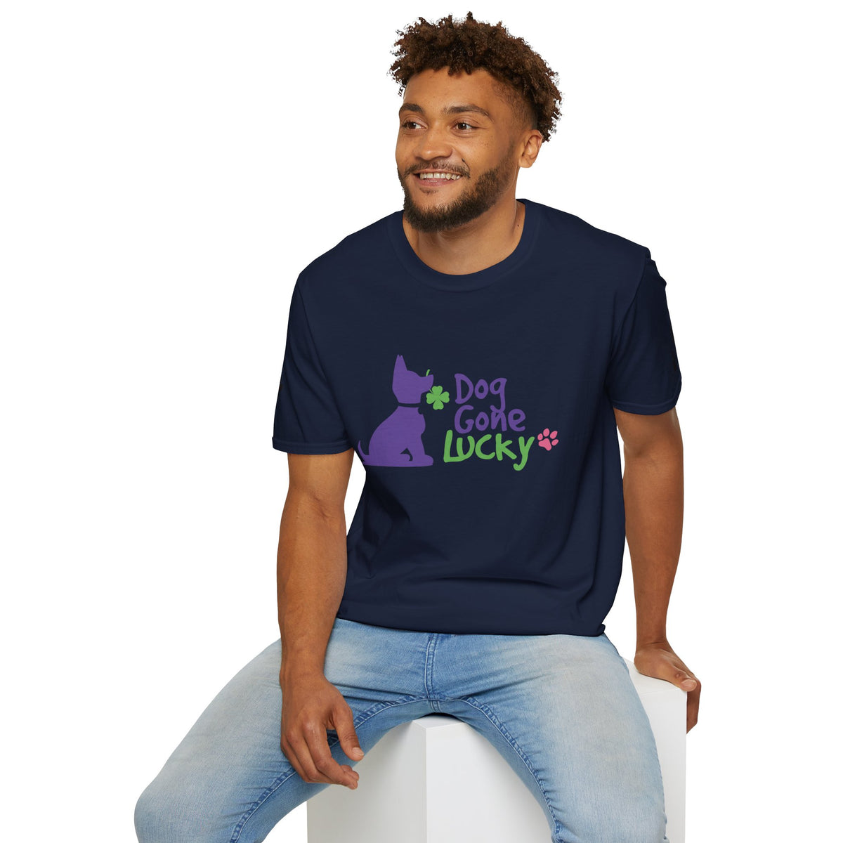 Doggone Lucky Adult Tee - Printed Lucky Pup on Front - Paw Prints on Sleeves