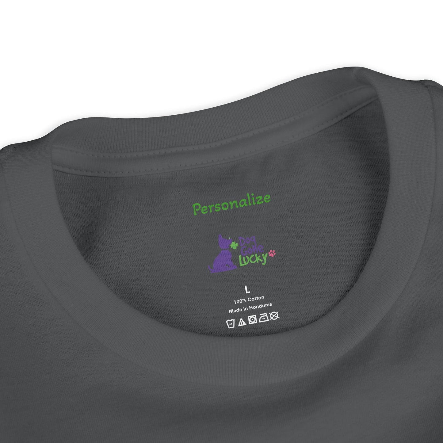 Doggone Lucky Personalized Neck Label Youth Tee - Cute Lucky Pup on Front and Back