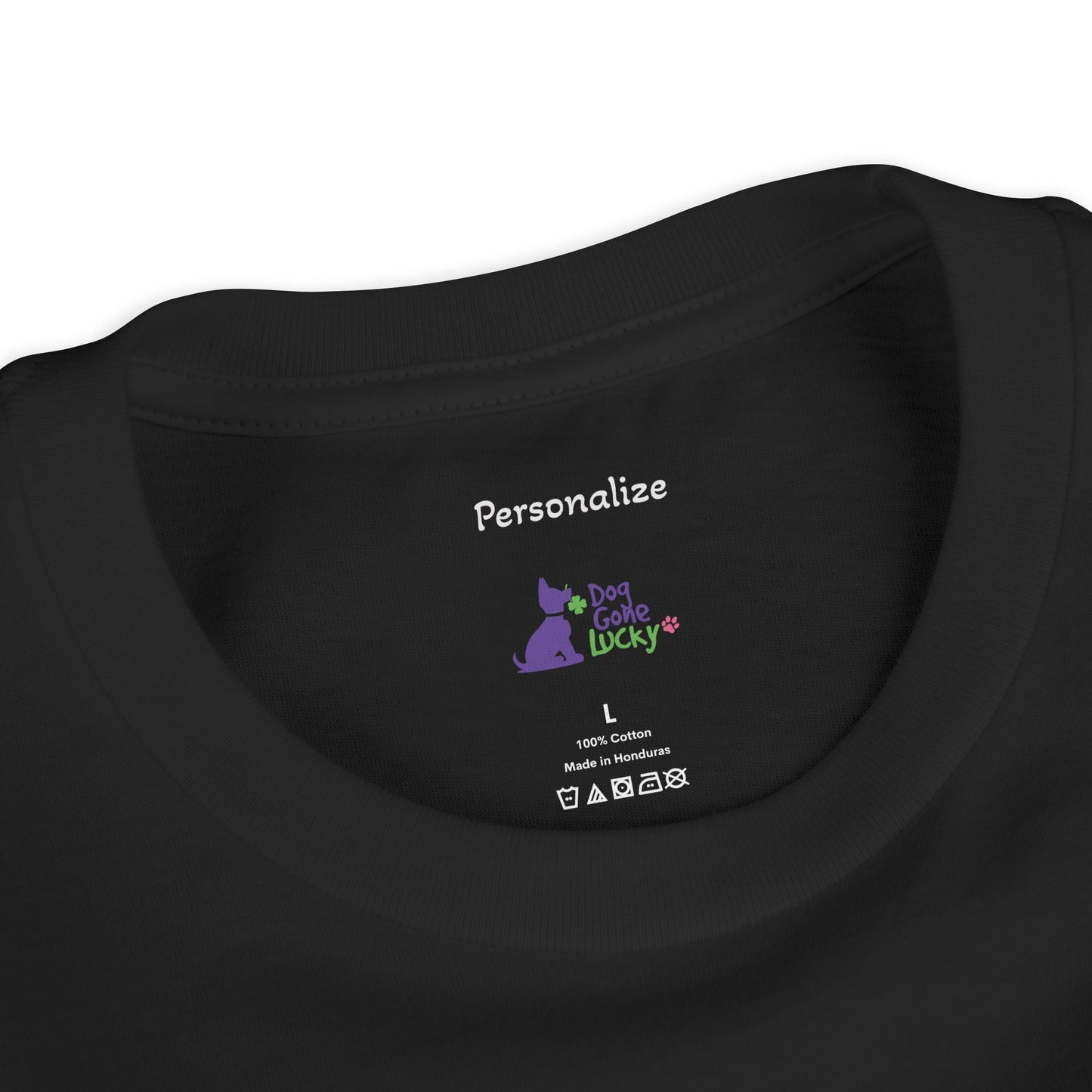 Doggone Lucky Personalized Neck Label Youth Tee - Cute Lucky Pup on Front and Back
