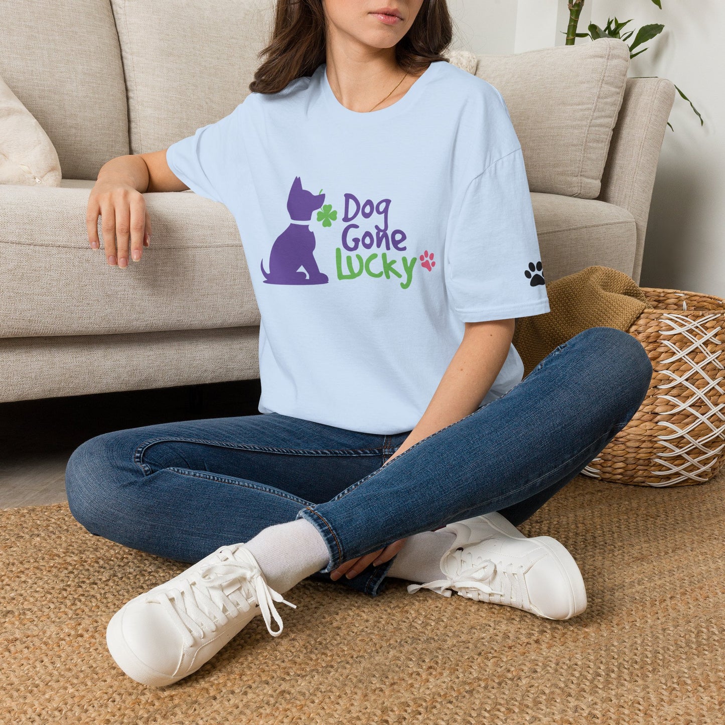 Doggone Lucky Adult Tee - Lucky Pup on Front and Paw Prints on Sleeves