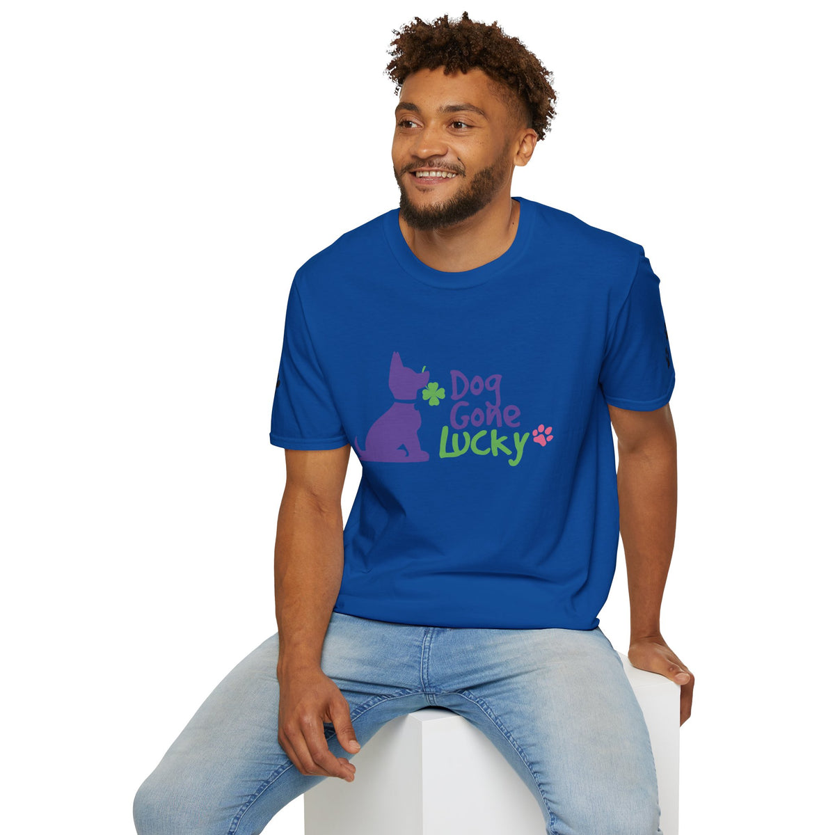 Doggone Lucky Adult Tee - Printed Lucky Pup on Front - Paw Prints on Sleeves