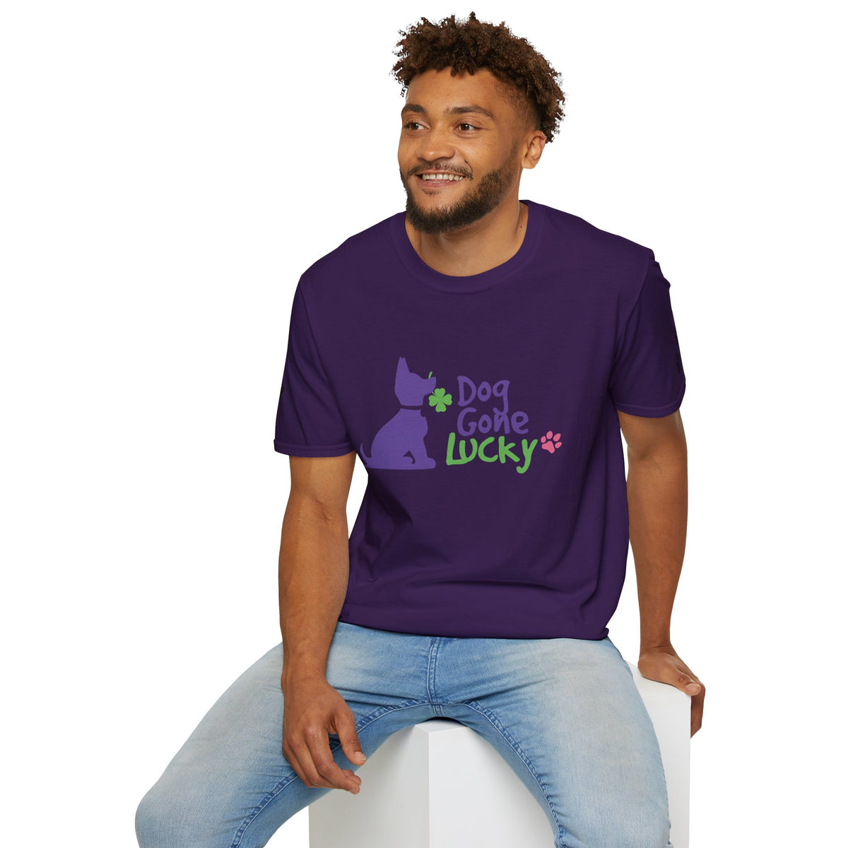 Doggone Lucky Adult Tee - Printed Lucky Pup on Front - Paw Prints on Sleeves