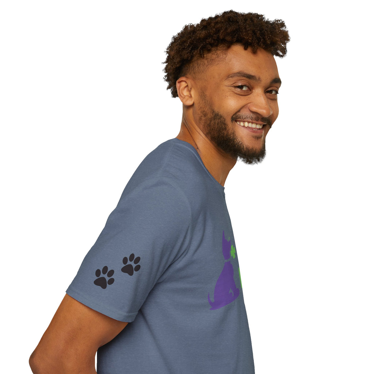 Doggone Lucky Adult Tee - Printed Lucky Pup on Front - Paw Prints on Sleeves