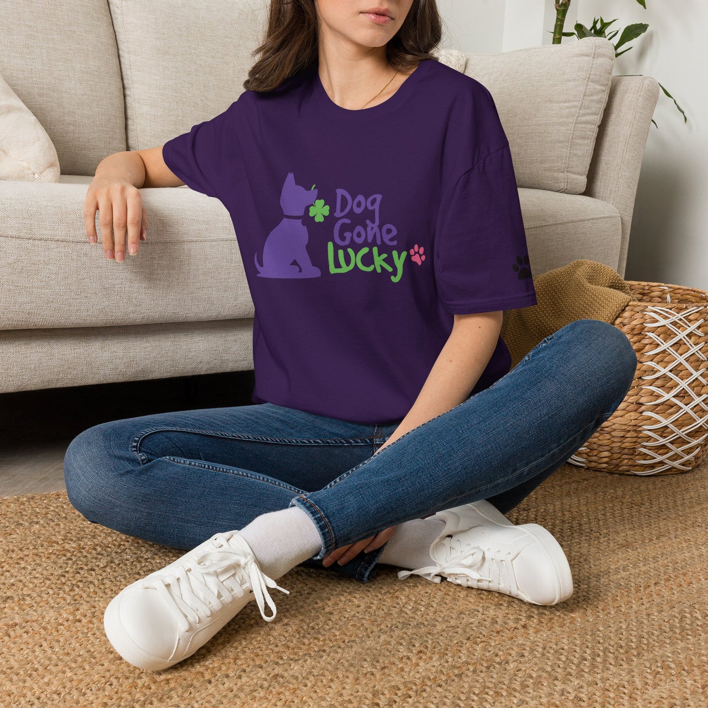 Doggone Lucky Adult Tee - Lucky Pup on Front and Paw Prints on Sleeves
