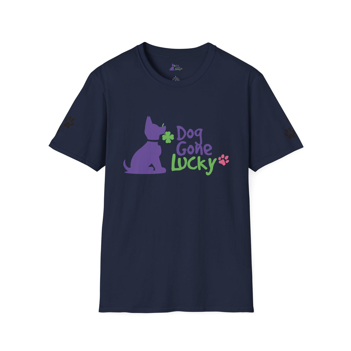 Doggone Lucky Adult Tee - Printed Lucky Pup on Front - Paw Prints on Sleeves