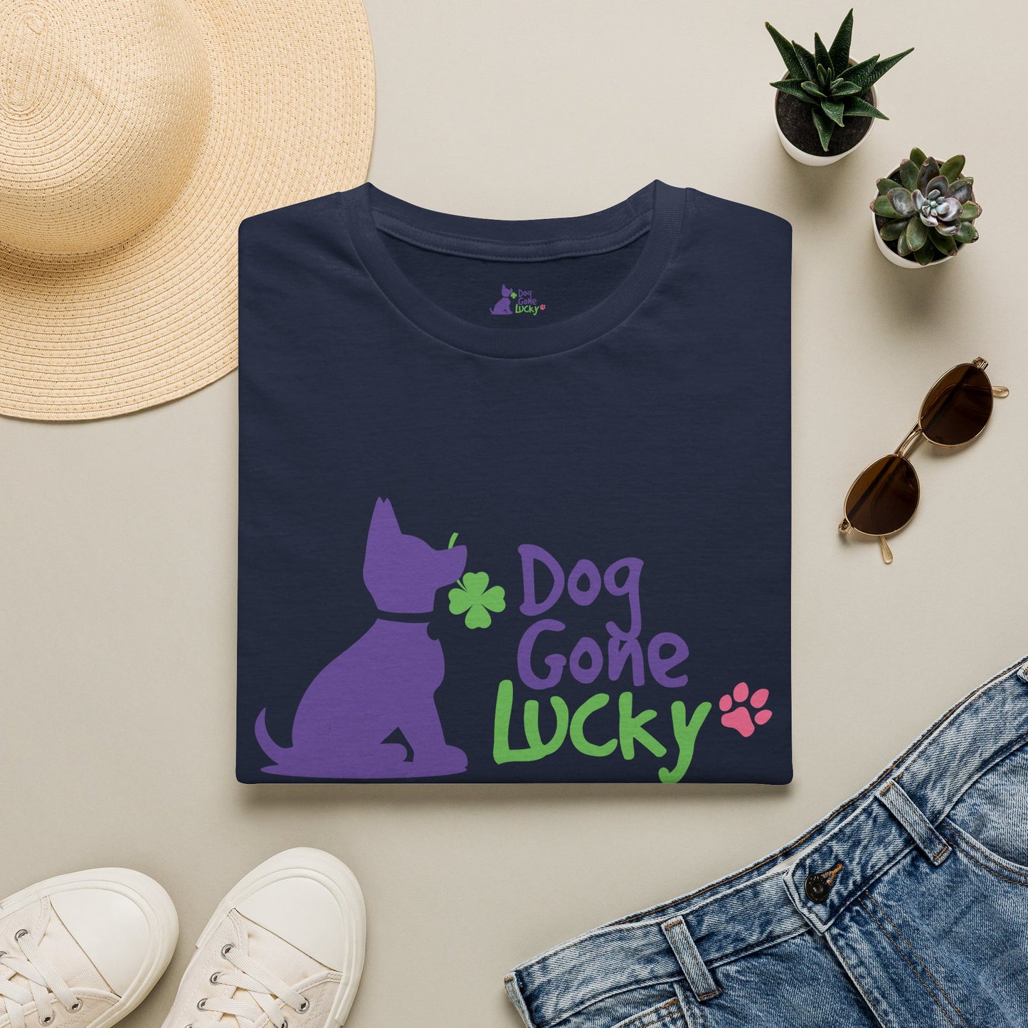 Doggone Lucky Adult Tee - Lucky Pup on Front and Paw Prints on Sleeves