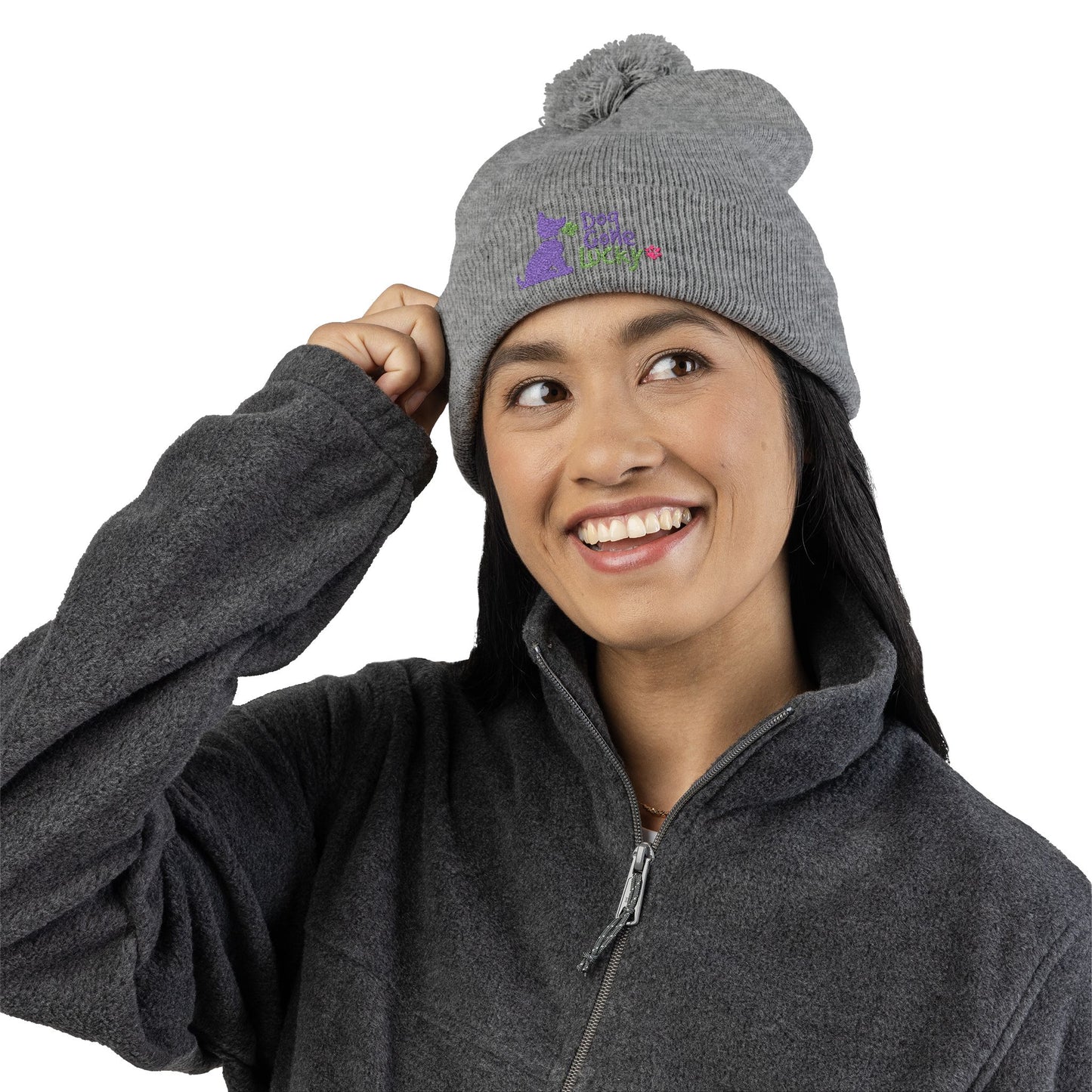 Doggone Lucky Embroidered Pom-Pom Knit Cap — 'Lucky' Dog Love Beanie