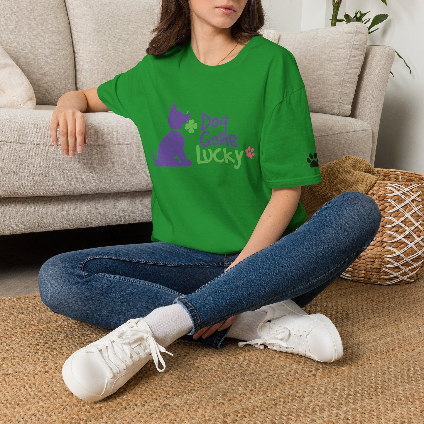 Doggone Lucky Adult Tee - Lucky Pup on Front and Paw Prints on Sleeves