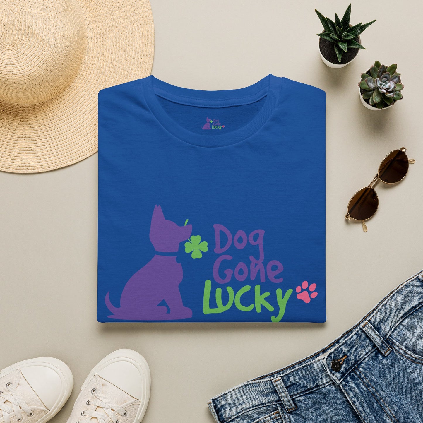 Doggone Lucky Adult Tee - Lucky Pup on Front and Paw Prints on Sleeves