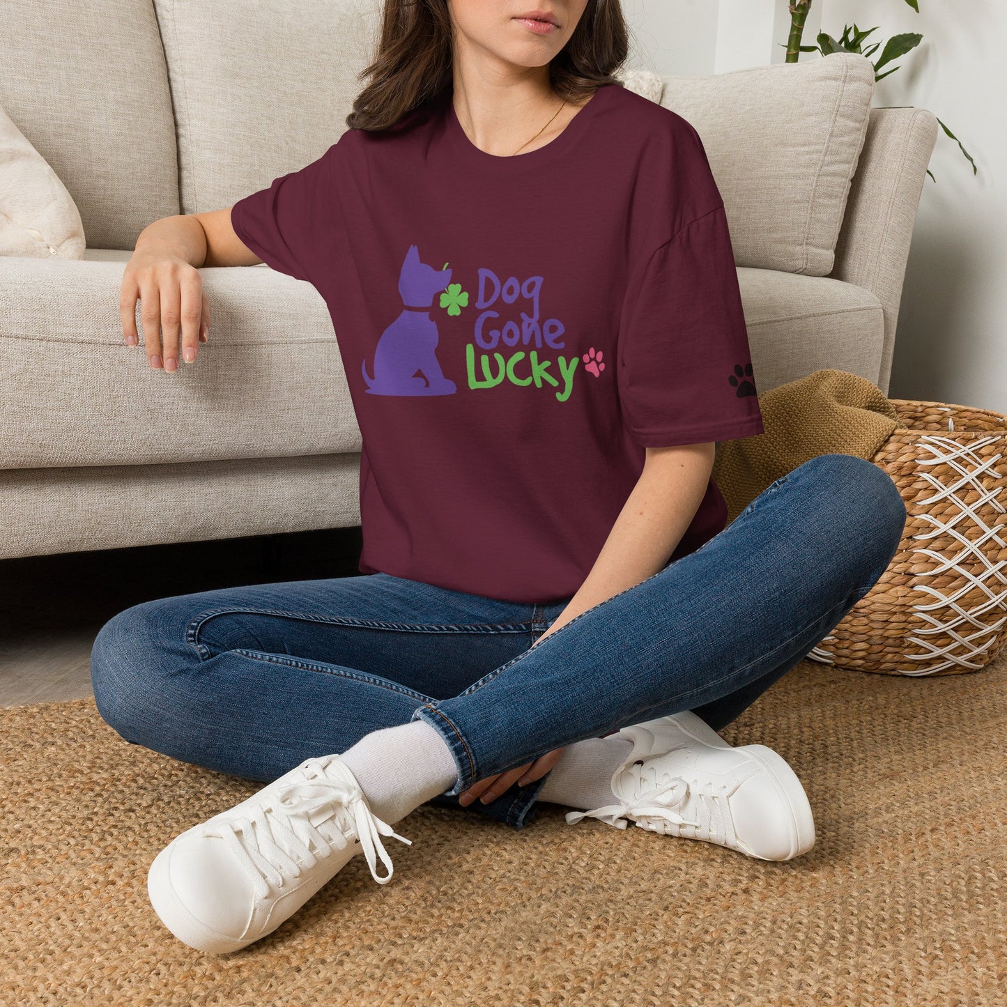 Doggone Lucky Adult Tee - Lucky Pup on Front and Paw Prints on Sleeves