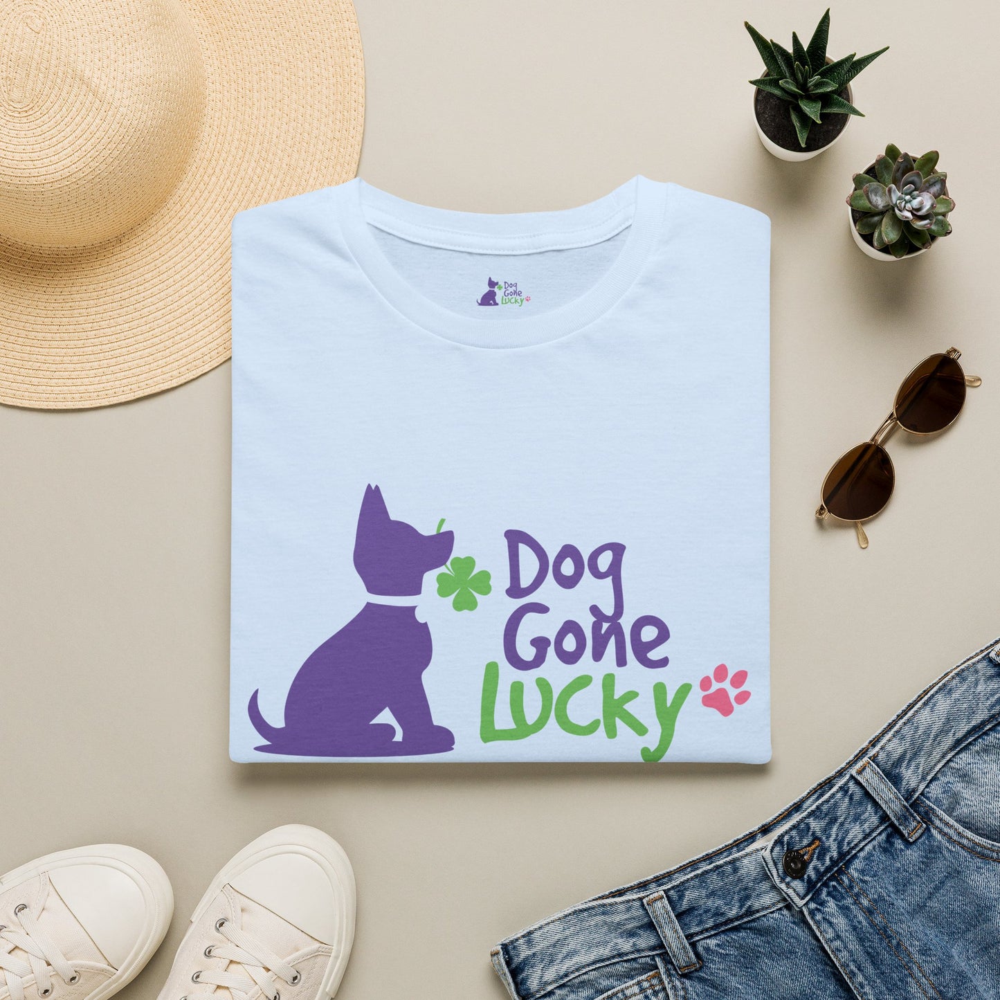 Doggone Lucky Adult Tee - Lucky Pup on Front and Paw Prints on Sleeves