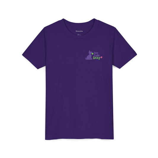 Doggone Lucky Personalized Neck Label Youth Tee - Cute Lucky Pup on Front and Back