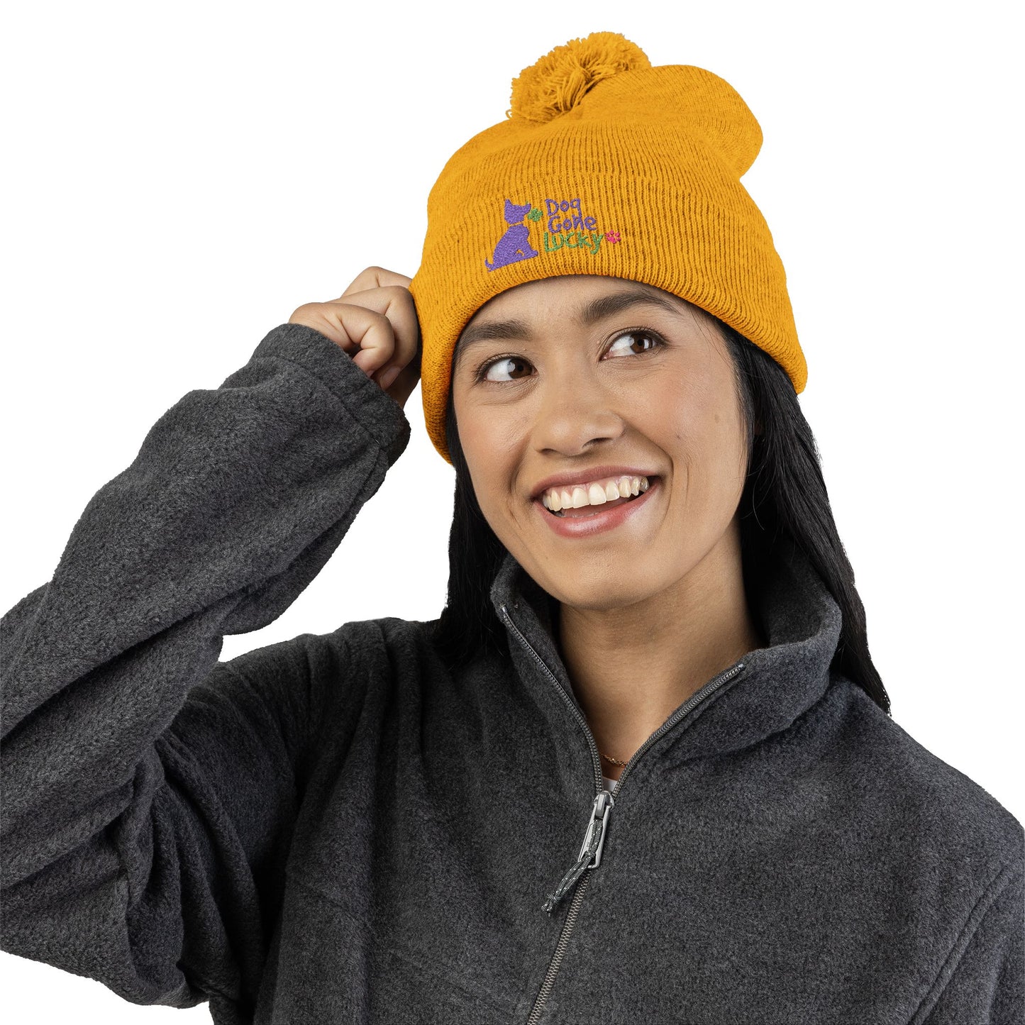 Doggone Lucky Embroidered Pom-Pom Knit Cap — 'Lucky' Dog Love Beanie