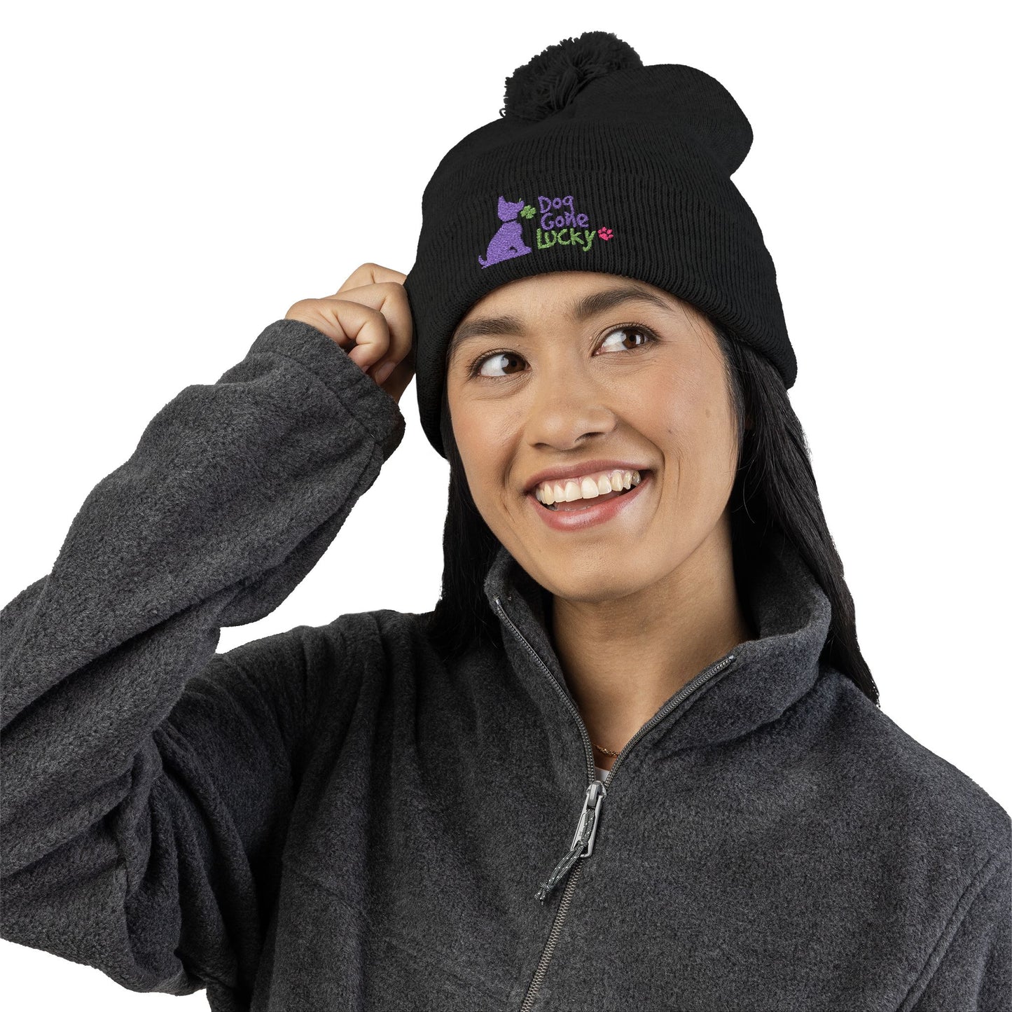 Doggone Lucky Embroidered Pom-Pom Knit Cap — 'Lucky' Dog Love Beanie