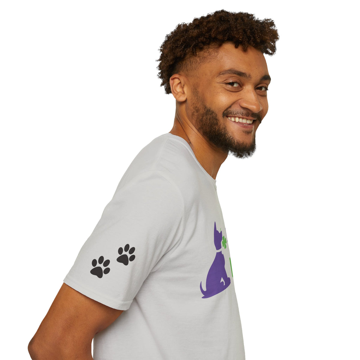 Doggone Lucky Adult Tee - Printed Lucky Pup on Front - Paw Prints on Sleeves