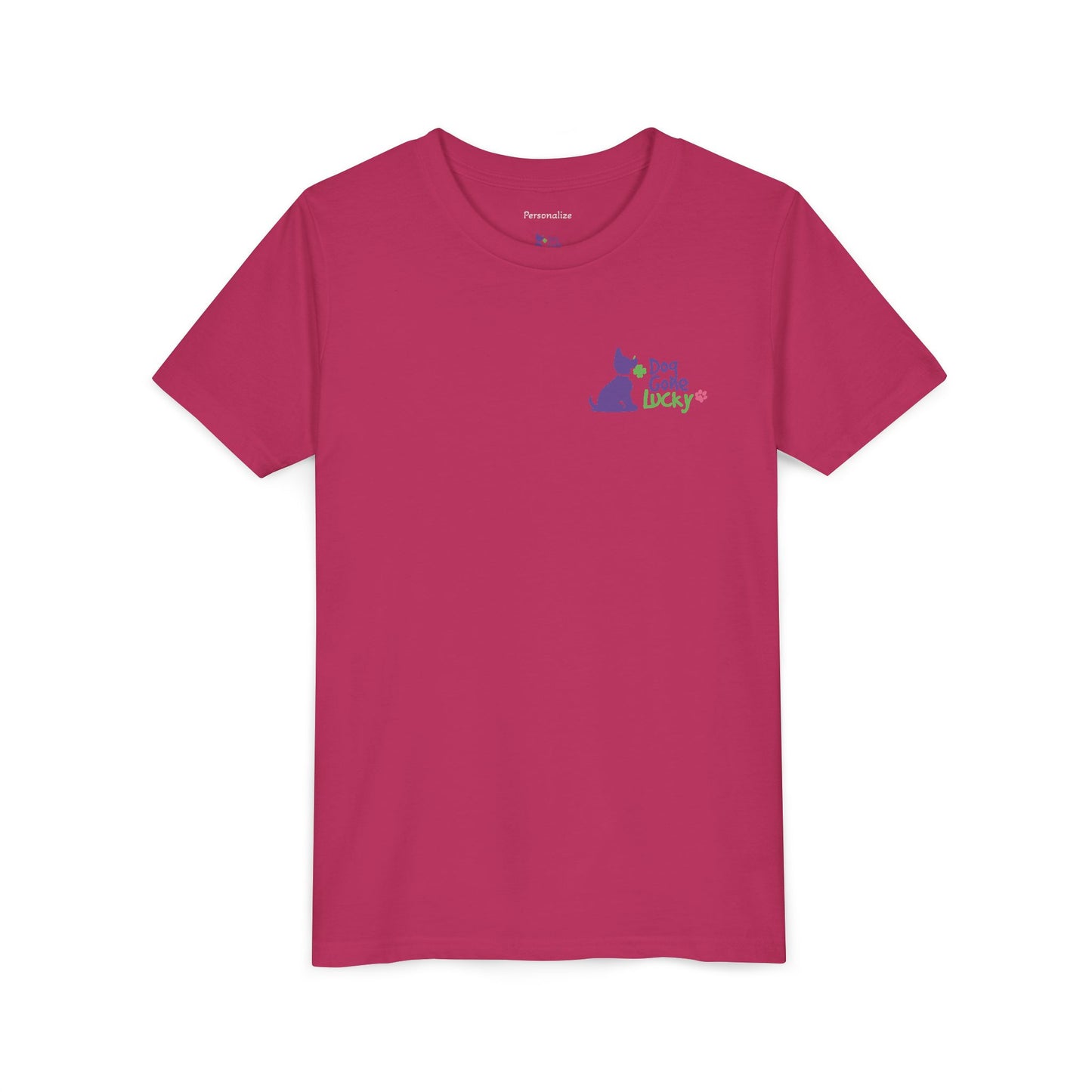 Doggone Lucky Personalized Neck Label Youth Tee - Cute Lucky Pup on Front and Back