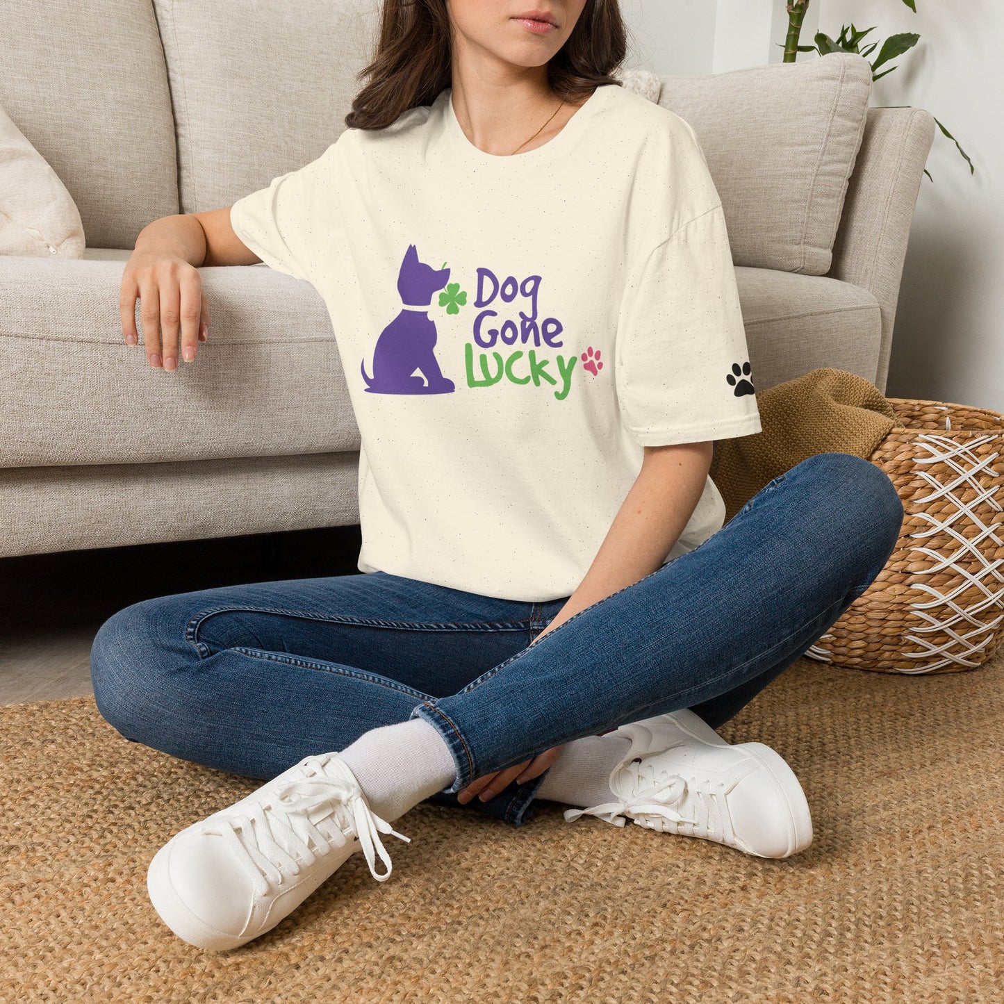 Doggone Lucky Adult Tee - Lucky Pup on Front and Paw Prints on Sleeves