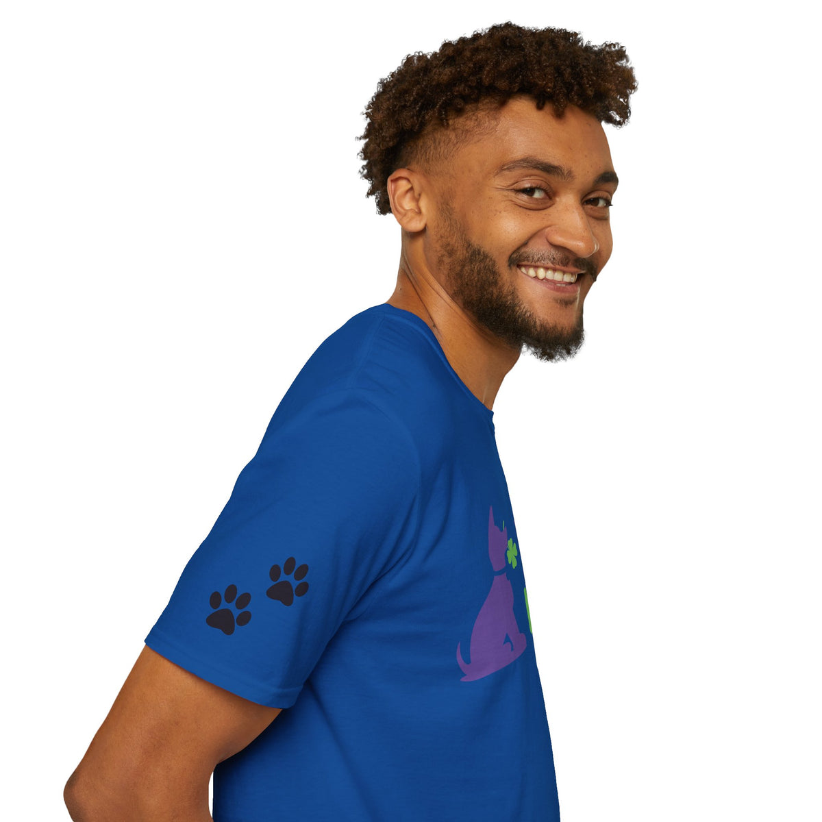 Doggone Lucky Adult Tee - Printed Lucky Pup on Front - Paw Prints on Sleeves