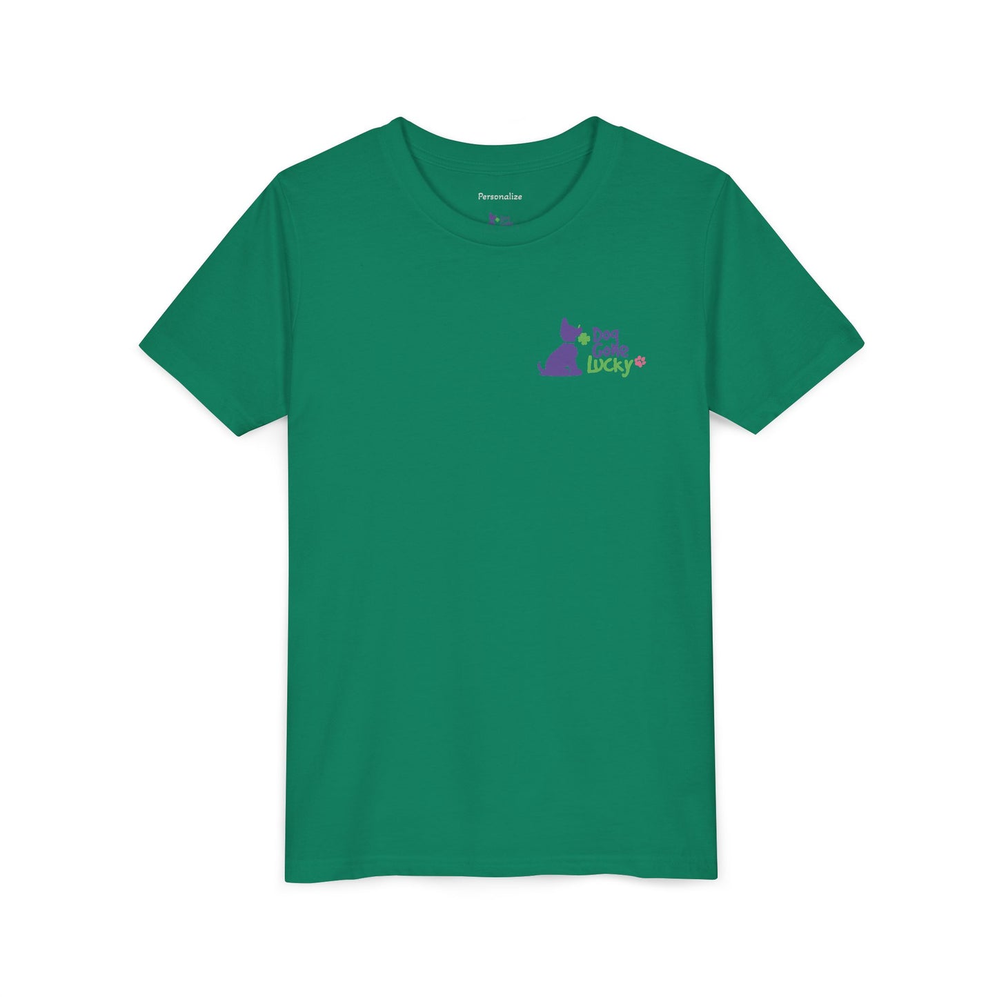 Doggone Lucky Personalized Neck Label Youth Tee - Cute Lucky Pup on Front and Back