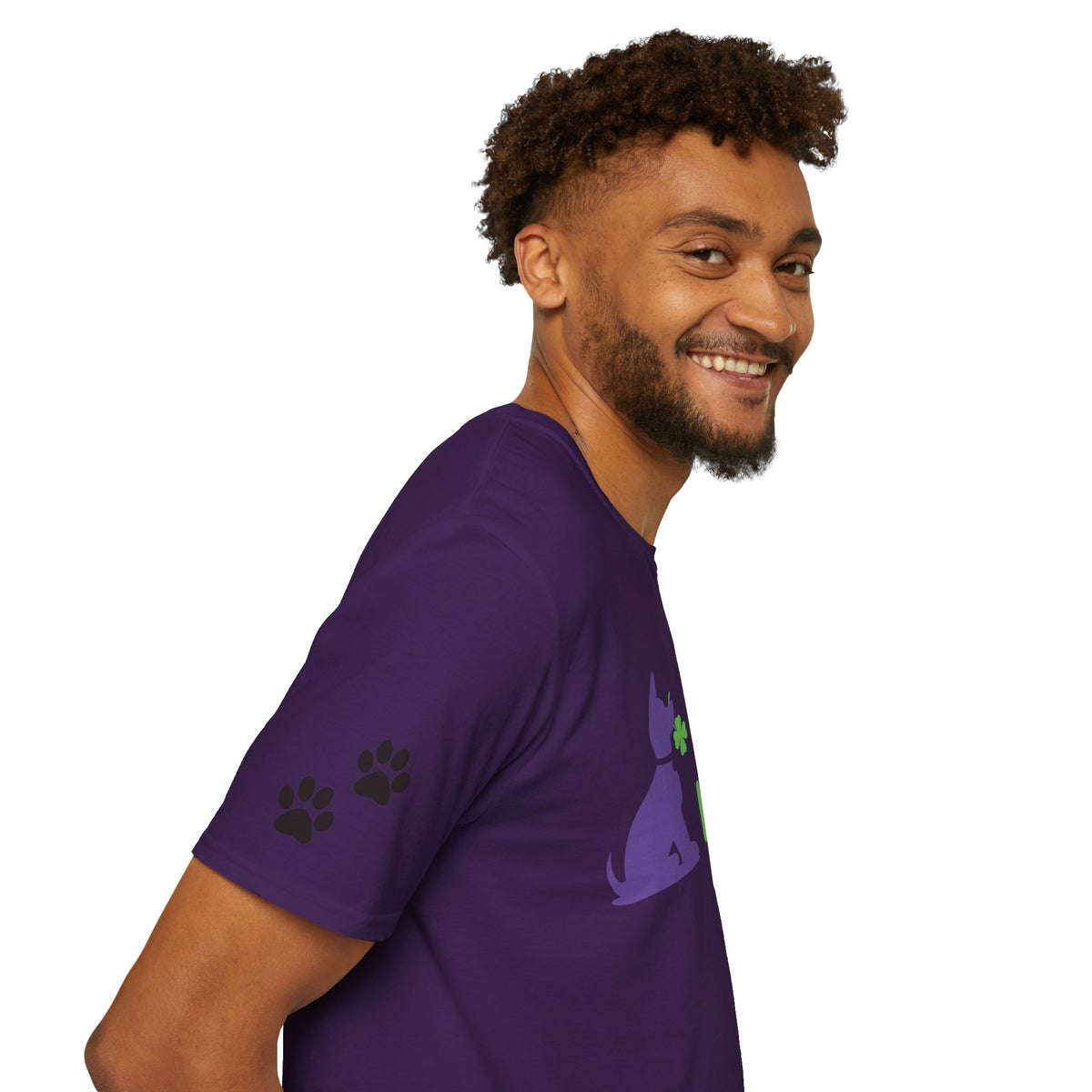 Doggone Lucky Adult Tee - Printed Lucky Pup on Front - Paw Prints on Sleeves