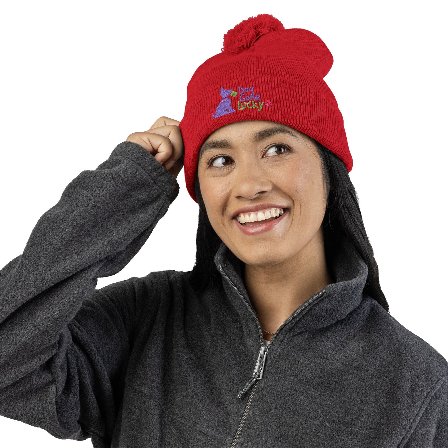 Doggone Lucky Embroidered Pom-Pom Knit Cap — 'Lucky' Dog Love Beanie