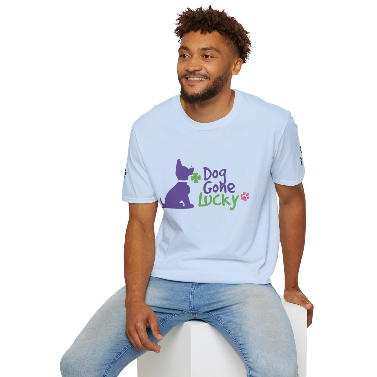 Doggone Lucky Adult Tee - Printed Lucky Pup on Front - Paw Prints on Sleeves