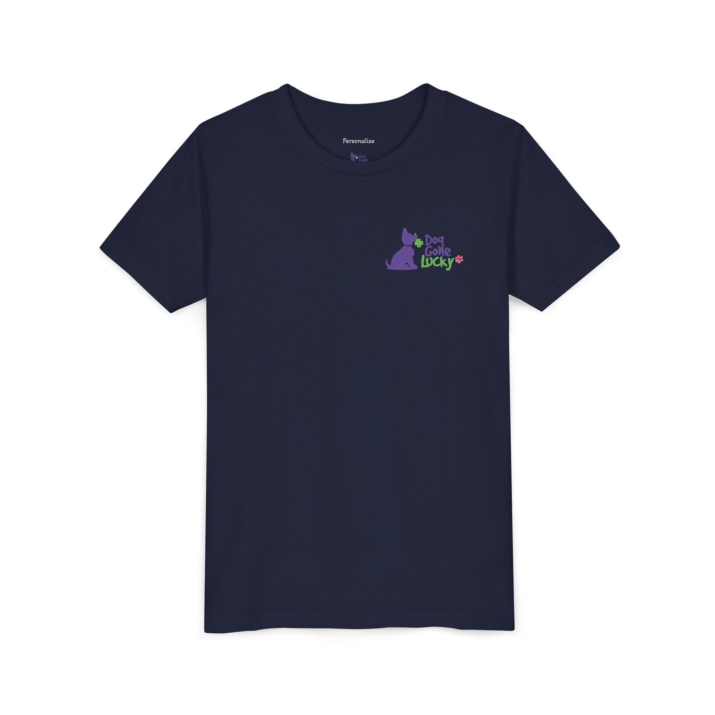 Doggone Lucky Personalized Neck Label Youth Tee - Cute Lucky Pup on Front and Back