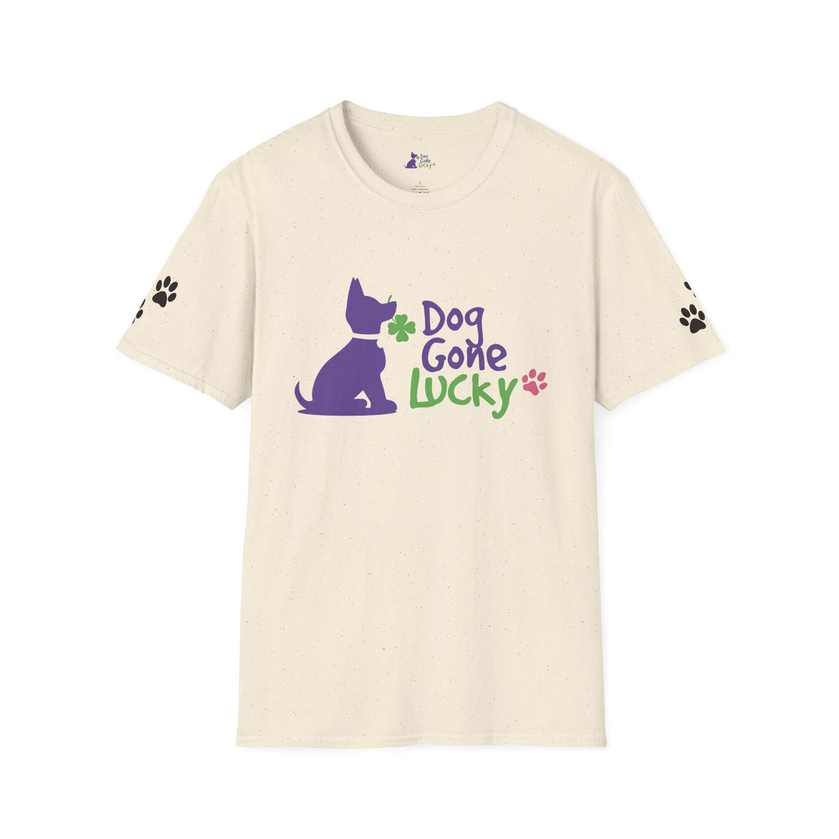 Doggone Lucky Adult Tee - Printed Lucky Pup on Front - Paw Prints on Sleeves