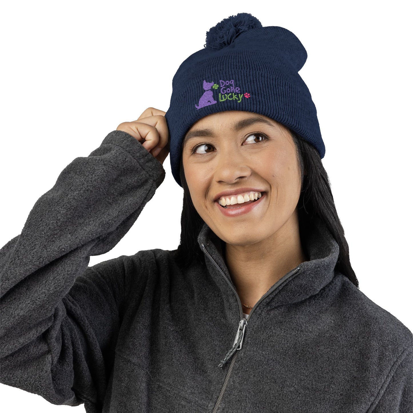 Doggone Lucky Embroidered Pom-Pom Knit Cap — 'Lucky' Dog Love Beanie